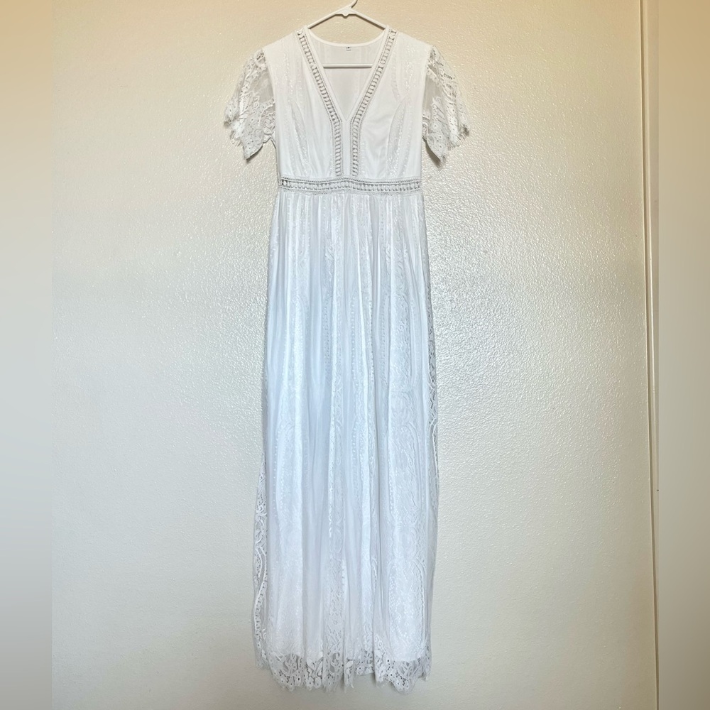 V Neck Floral Lace White Short Sleeve Boho Photoshoot Maternity Dress small - Picture 11 of 12